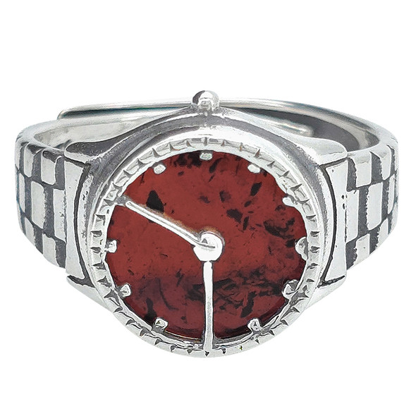 Cherry Amber Sterling Silver Watch Ring. A round-shaped genuine Baltic amber stone is set in .925 sterling silver. Adjustable ring design.