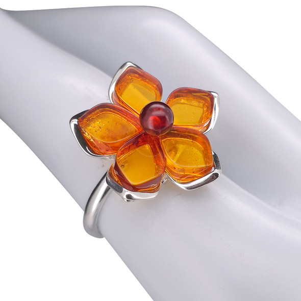 Amber Sterling Silver Flower Adjustable Ring