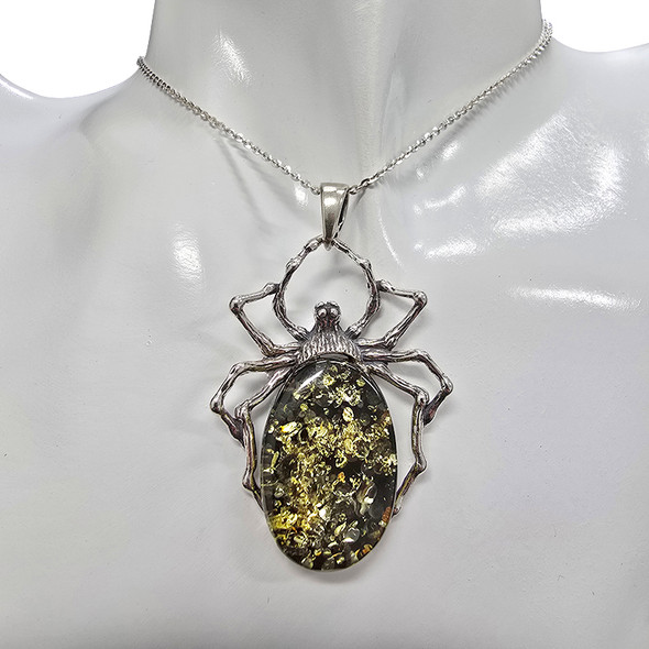 Amber Oxidized Sterling Silver Handmade Spider Pendant