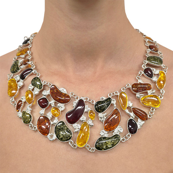 Multi-Color Amber Sterling Silver Handmade Necklace