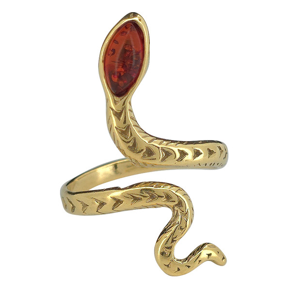Cherry Amber Gold-Plated Silver Snake Adjustable Ring