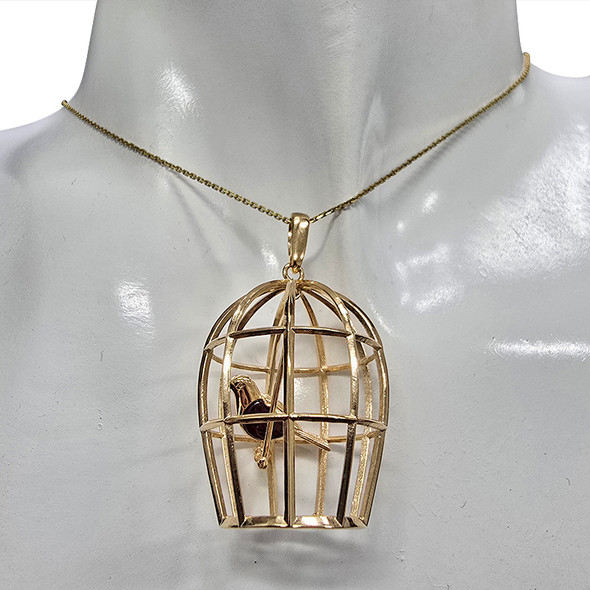 Cherry Amber Gold-Plated Silver Bird In A Cage Pendant