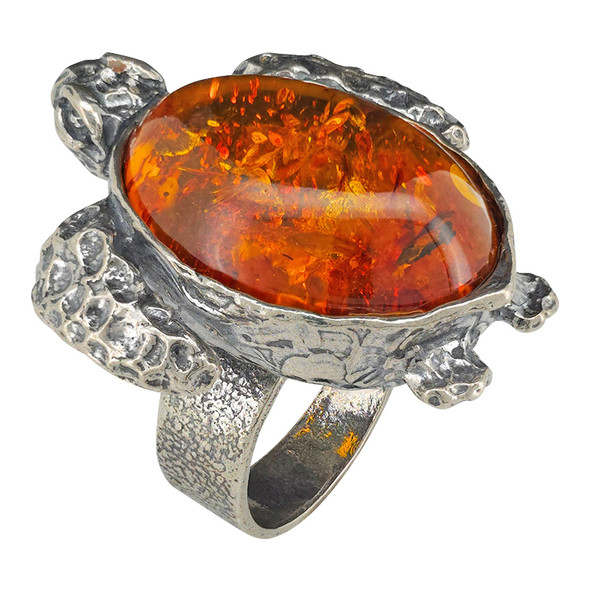 Amber Sterling Silver Turtle Adjustable Ring