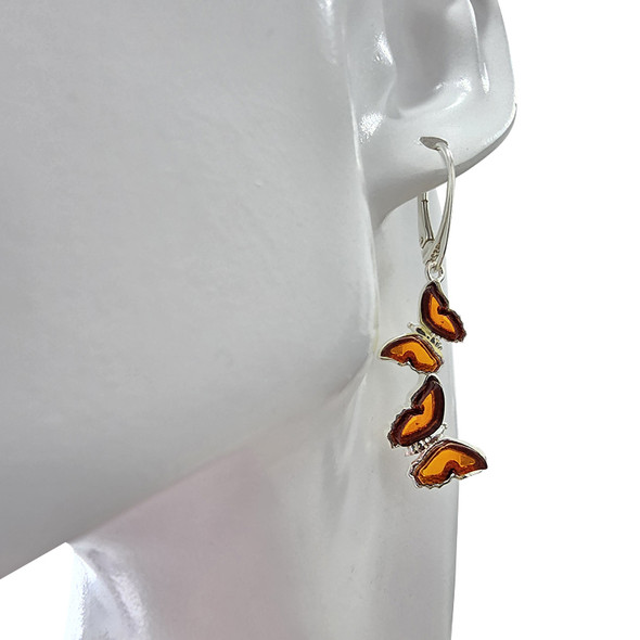 Amber Sterling Silver Butterfly Earrings on Hooks