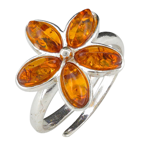 Cognac Amber Sterling Silver Flower Adjustable Ring