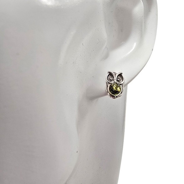 Green Amber Sterling Silver Owl Stud Earrings