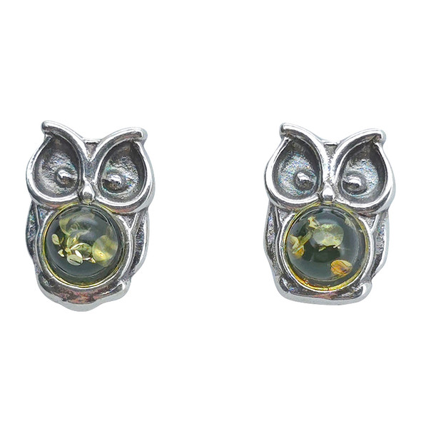 Green Amber Sterling Silver Owl Stud Earrings