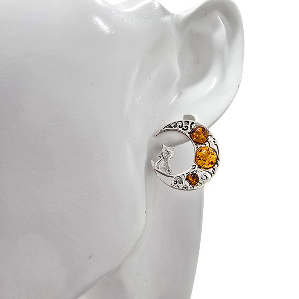 Cat Moon Cognac Amber Sterling Silver Stud Earrings