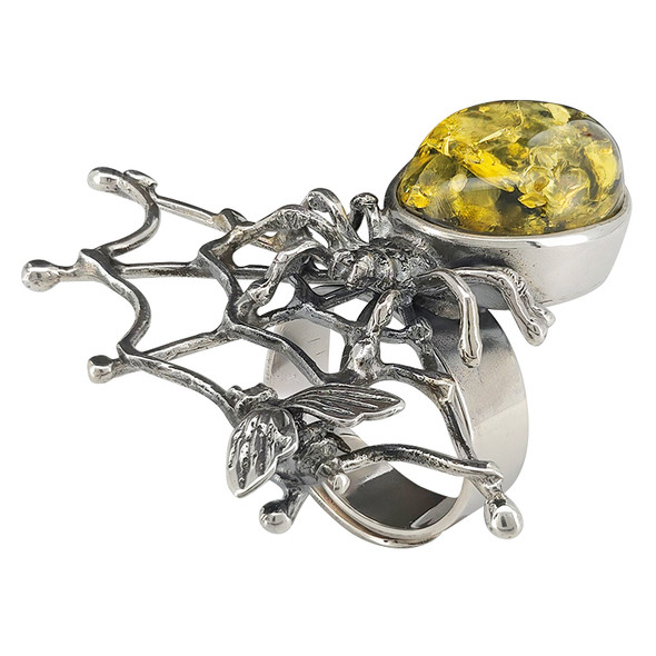 Green Amber Spider on Web / Bee Sterling Silver Adjustable Ring