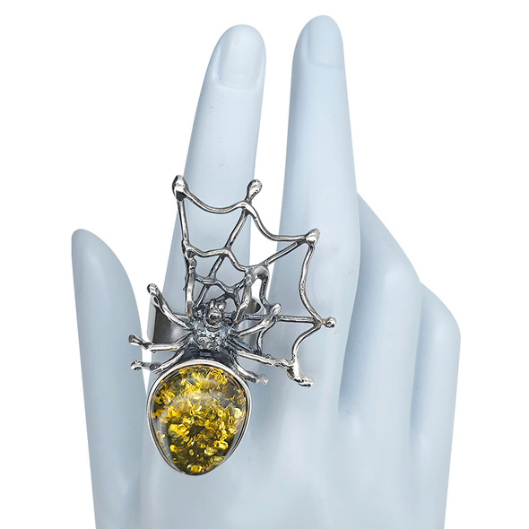 Green Amber Spider on Web Sterling Silver Adjustable Ring