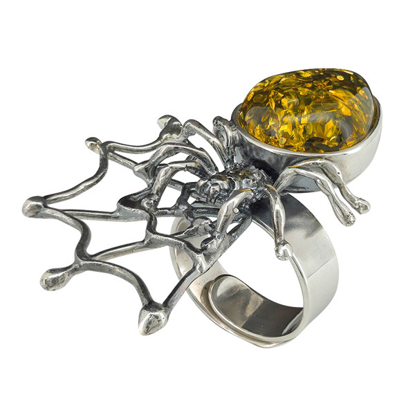 Green Amber Spider on Web Sterling Silver Adjustable Ring