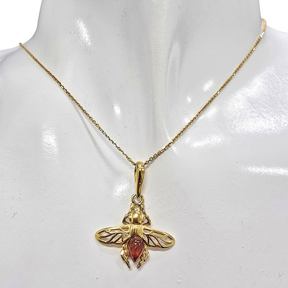 Cognac Amber Gold-Plated Silver Bee Pendant