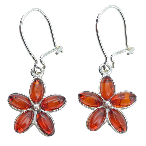 Cognac Amber Sterling Silver Flower Earrings on Hooks