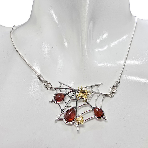 Amber Sterling Silver / Gold-Plated Spider on Web / Bee Necklace