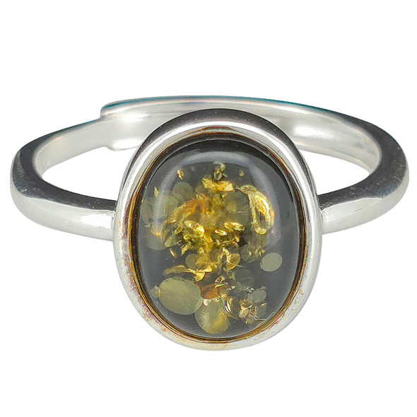 Green Amber Sterling Silver Adjustable Ring