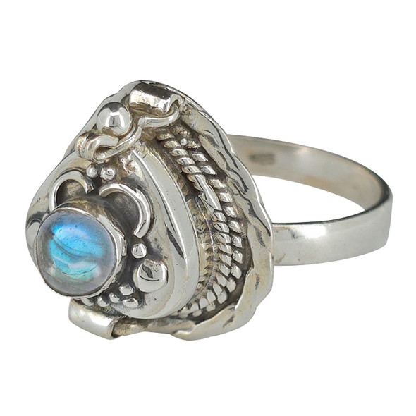 Heart-Shaped Labradorite Silver Locket / Poison Ring