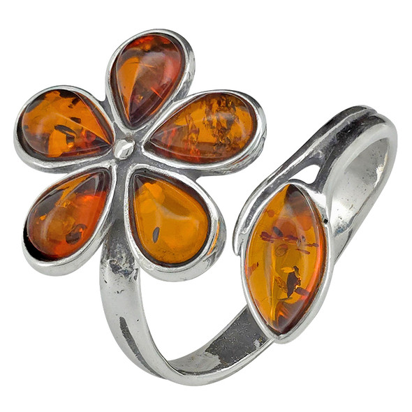 Cognac Amber Sterling Silver Flower Adjustable Ring
