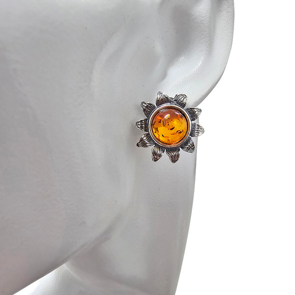 Cognac Amber Sunflower Sterling Silver Stud Earrings