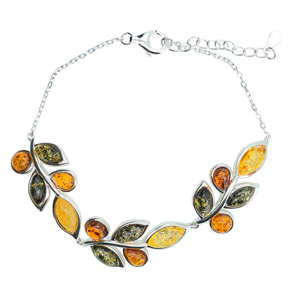Multi-Color Amber Sterling Silver Leaf Design Link Bracelet