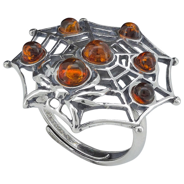 Cognac Amber Sterling Silver Spider on Web Adjustable Ring