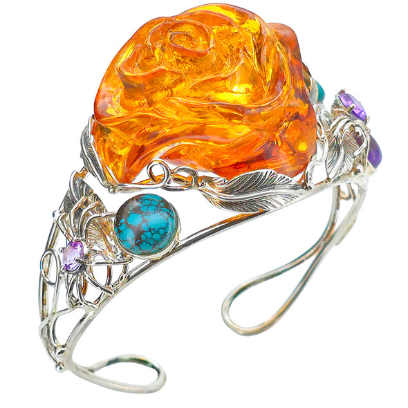 Amber, Turquoise & Amethyst Sterling Silver Rose & Spider Cuff Bracelet