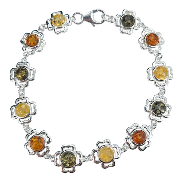 Multi-Color Amber Sterling Silver Clover Link Bracelet