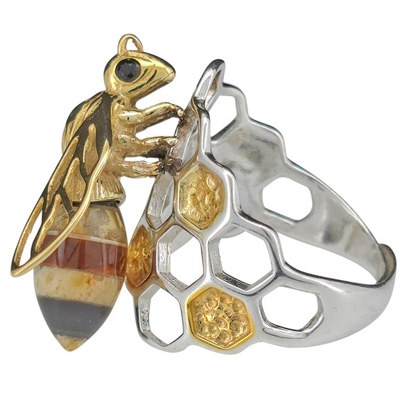 Multi-Color Amber 14K Gold-Plated Sterling Silver Bee Adjustable Ring