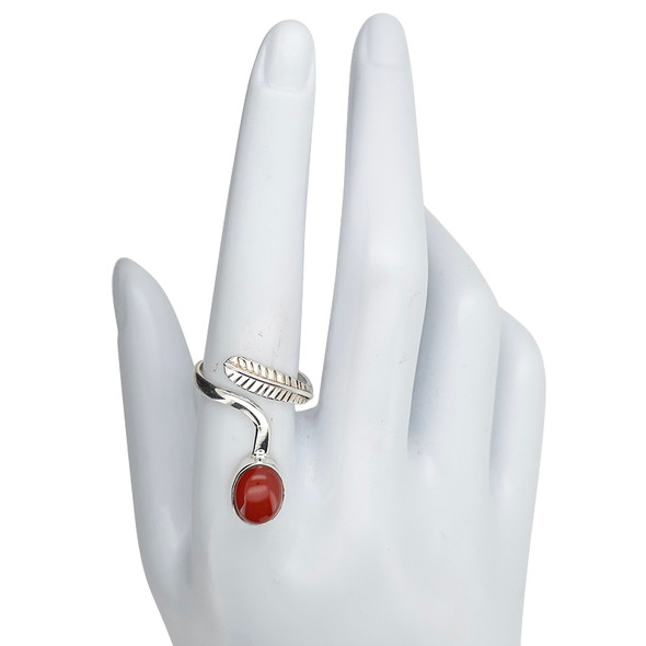 Red Onyx Sterling Silver Adjustable Ring with Feather Design