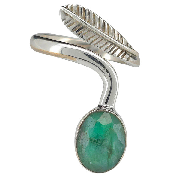 Faceted Composite Emerald Sterling Silver Adjustable Ring with Feather Design