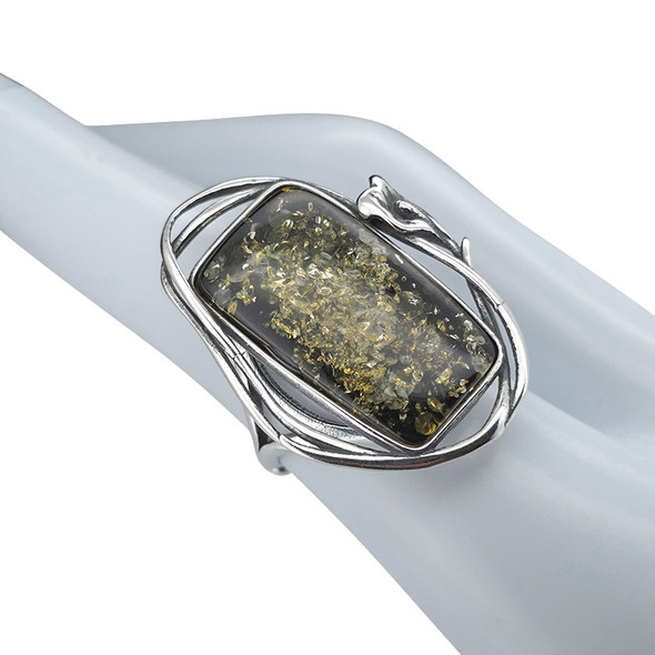 Green Amber Sterling Silver Handmade Adjustable Ring