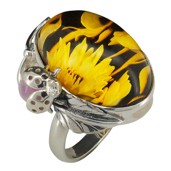 Sunflower And Ladybug Amber Cameo Adjustable Ring