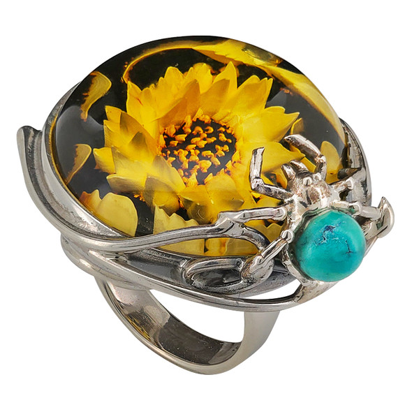 Sunflower And Spider Amber Silver Adjustable Ring