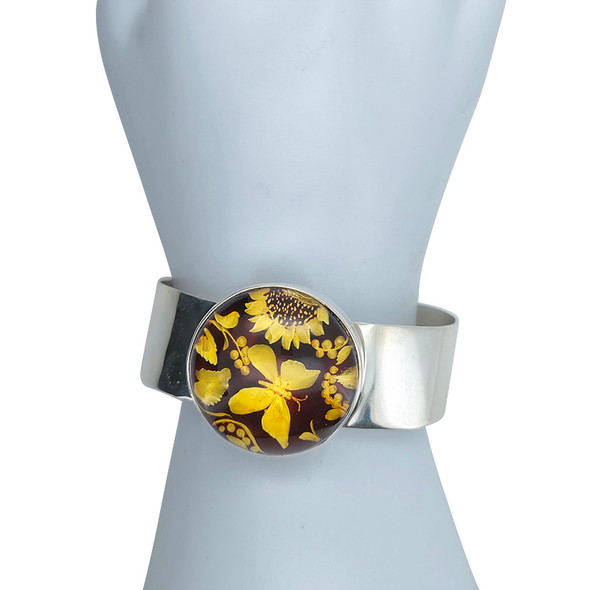 Butterfly With Flowers Amber Cameo Cuff Bracelet