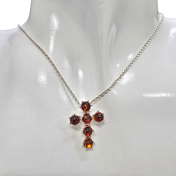 Cognac Amber Sterling Silver Cross Pendant
