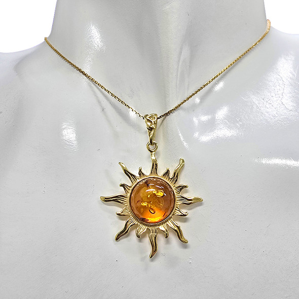 Cognac Amber 14K Gold-Plated Sterling Silver Sun Pendant