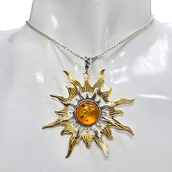 Cognac Amber 14K Gold-Plated Sterling Silver Sun Pendant