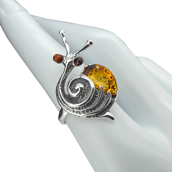 Snail Cognac Amber Sterling Silver Adjustable Ring