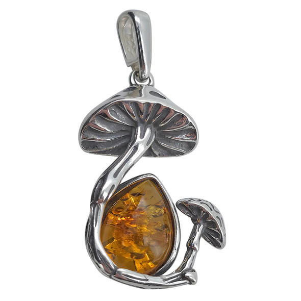 Amber Sterling Silver Mushrooms Pendant