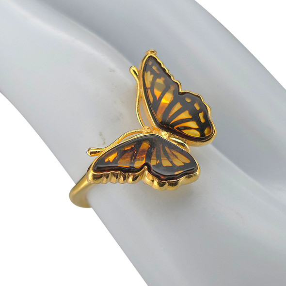 Monarch Butterfly Cameo Amber 14K Gold Plated Sterling Silver Adjustable Ring