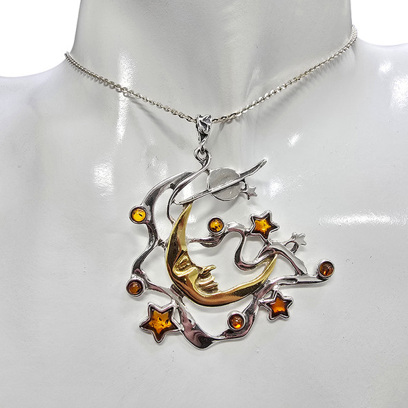 Amber 14K Gold Plated Sterling Silver Planet, Moon & Star Pendant