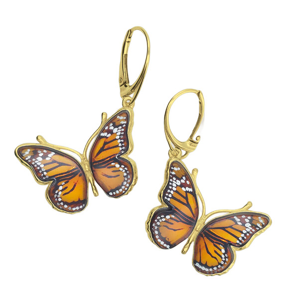 Monarch Butterfly Cameo Amber 14K Gold Plated Sterling Silver Hook Earrings