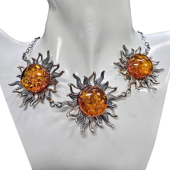 Handmade Sun Cognac Amber Sterling Silver Necklace