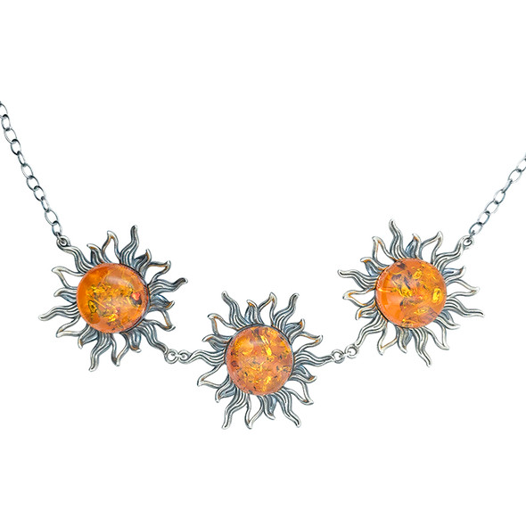Handmade Sun Cognac Amber Sterling Silver Necklace