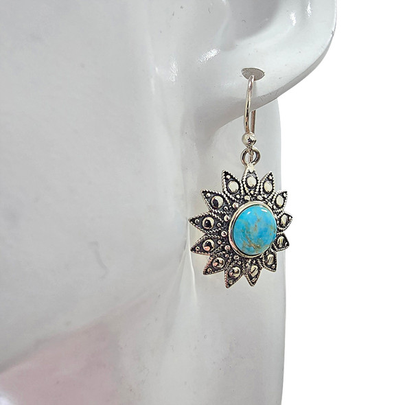 Turquoise Sterling Silver Flower Hook Earrings