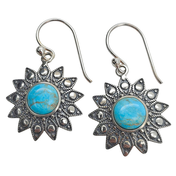 Turquoise Sterling Silver Flower Hook Earrings