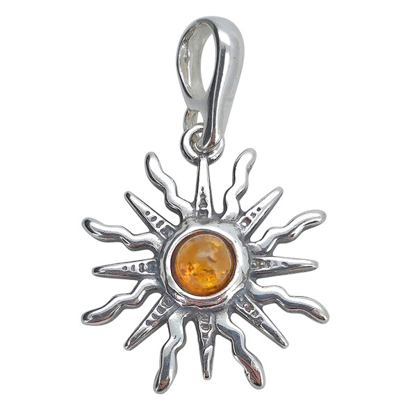 Cognac Color Amber Sterling Silver Sun Pendant