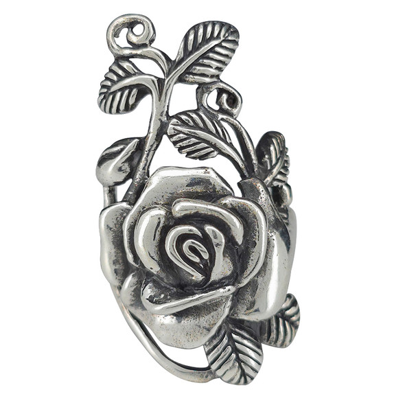 Large Rose On Vine Sterling Silver Ring