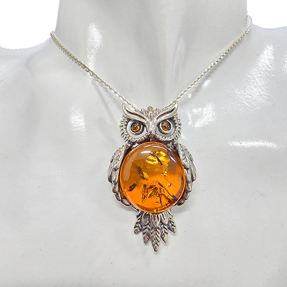 Amber Sterling Silver Owl Pendant