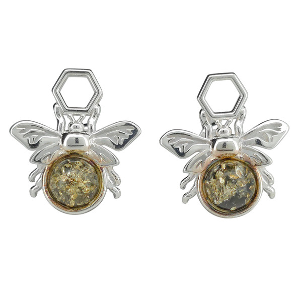 Green Amber Sterling Silver Bee on Honeycomb Stud Earrings