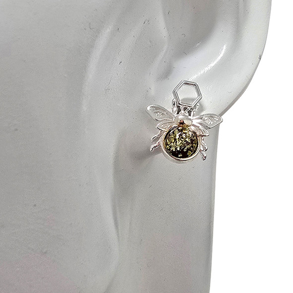 Green Amber Sterling Silver Bee on Honeycomb Stud Earrings